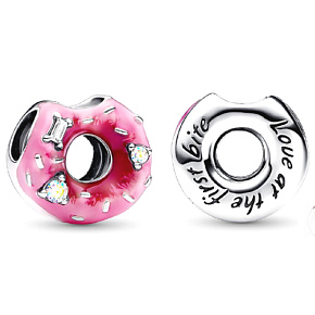 Charms Sterling Silber 925 Doughnut Charm - Donut mit Zirkonia und Emaille, Perle für Armband, Essen und Trinken