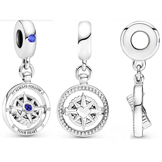 Charm Sterling Silber 925 Rotierender Kompass mit Zirkonia, Anhänger für Reisearmband