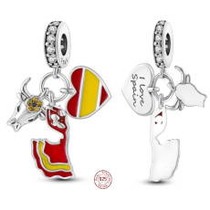 Charm Sterlingsilber 925 Spanien Flagge Herz - Stierkampf, Flamenco, Ich liebe Spanien 3-in-1 Anhänger für Armband Reisen Charm Sterlingsilber 925 Spanien Flagge Herz - Stierkampf, Flamenco, Ich liebe Spanien 3-in-1 Anhänger für Armband Reisen