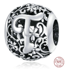Sterling Silber 925 Magic Alphabet Buchstabe T mit Blumen, Perle für Armband