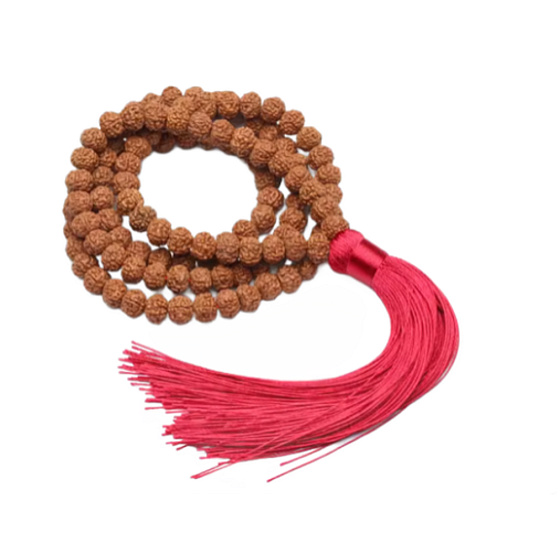 108 Mala Rudraksha meditační náhrdelník, přírodní korálky 8 mm, ruční výroba, se střapcem 8 cm, tradiční meditační šperk