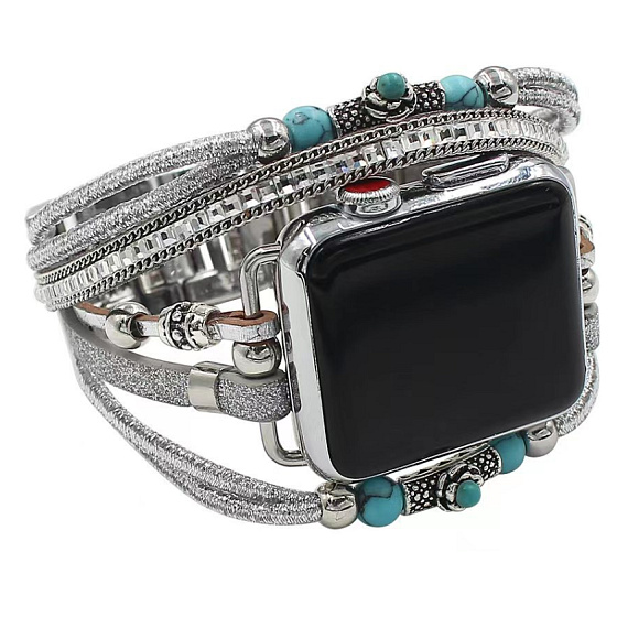 Apple Watch Armband Handmade Silber + Perlen, Größe 38/40/41 mm