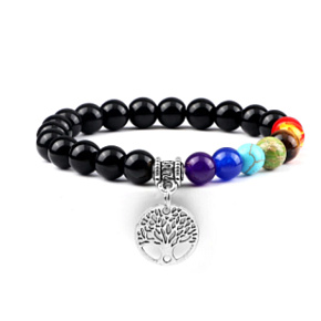 Chakra-Armband elastisch Lebensbaum + Obsidian, Naturstein, Perle 8 mm / 16-17 cm, Stein der Erlösung