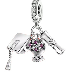 Sterling Silber 925 Graduation - Abschlusskappe, Diplom, Blumen, 3in1 Graduate-Anhänger am Armband