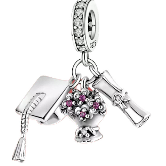 Sterling Silber 925 Graduation - Abschlusskappe, Diplom, Blumen, 3in1 Graduate-Anhänger am Armband