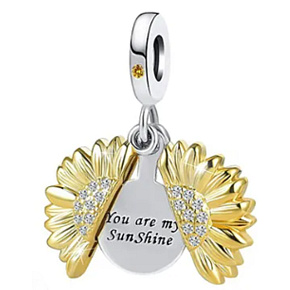 Charms Sterling Silber 925 Blühende Sonnenblume vergoldet mit Aufschrift - You are my sunshine, aufklappbarer Armbandanhänger Liebe