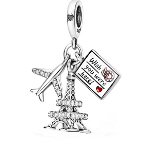 Sterling Silber 925 Flying to Paris - wish you were here, 3in1 Reisearmband Anhänger 9 mm