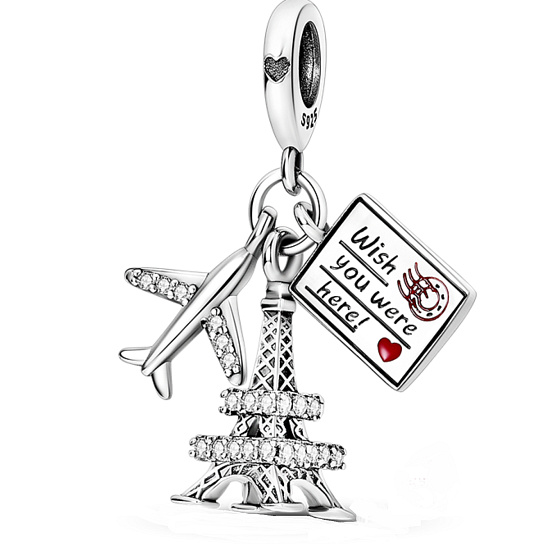 Sterling Silber 925 Flying to Paris - wish you were here, 3in1 Reisearmband Anhänger 9 mm