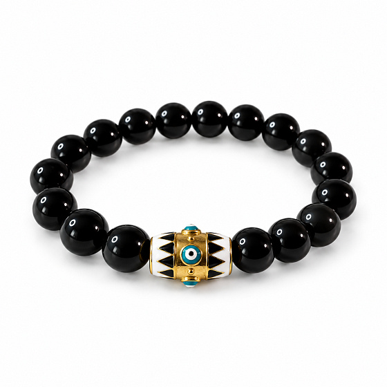 Obsidian + Blaues Auge Armband elastisch Naturstein, Kugel 10 mm / 16 - 17 cm, Stein der Rettung