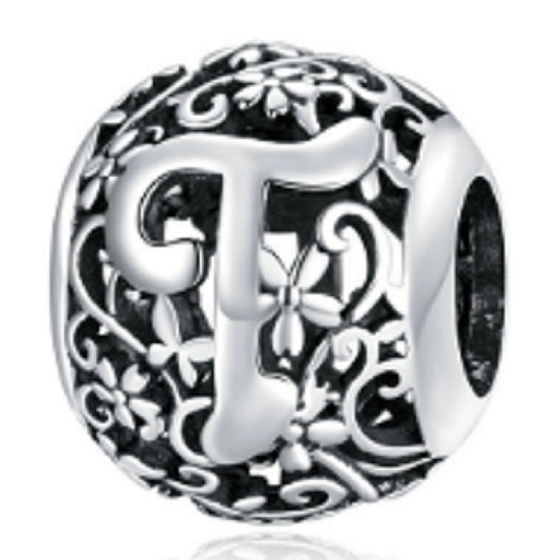 Sterling Silber 925 Magic Alphabet Buchstabe T mit Blumen, Perle für Armband