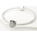 Sterling Silber 925 Eule mit blauem Zirkonia, Perle auf Armband Tier