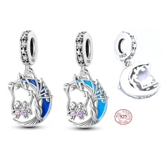 Charm Sterling Silber 925 Luminous - Familienwurzeln, zwei Schwestern und eine Mondsichel, die im Dunkeln leuchtet, wechselnde Farben, Familienarmband-Anhänger