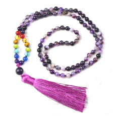 108 Mala 7 Chakra Achat lila Halskette, Meditationsschmuck, Naturstein geknüpft, elastisch, Perle 6 mm