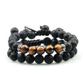 Lava schwarz + Tigerauge, Duo-Armband Naturstein, Kugel 8 mm / Größe verstellbar Lava schwarz + Tigerauge, Duo-Armband Naturstein, Kugel 8 mm / Größe verstellbar