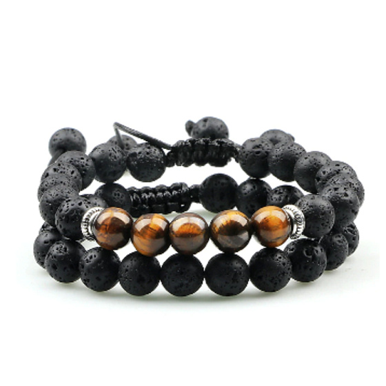 Lava schwarz + Tigerauge, Duo-Armband Naturstein, Kugel 8 mm / Größe verstellbar
