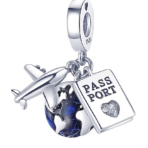 Charms Sterling Silber 925 Round the world, Globus, Reisepass, Flugzeug, 3in1 Reise Armband Anhänger