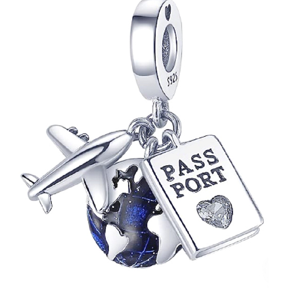 Charms Sterling Silber 925 Round the world, Globus, Reisepass, Flugzeug, 3in1 Reise Armband Anhänger