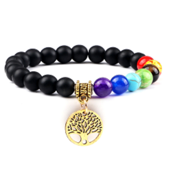 Chakra-Armband elastisch Lebensbaum + Onyx, Naturstein, Kugel 8 mm / 16-17 cm, Lebenskraftstein