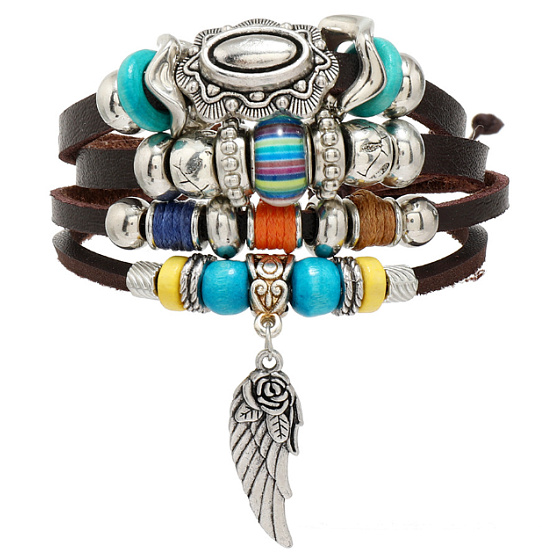 Mehrschichtiges Lederarmband, Engelsflügelsymbol, größenverstellbar