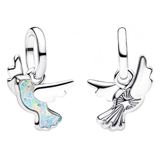 Charm Mini medailon - Holubice s opálem – přívěsek na náramek, symbol míru, lásky a naděje, zvíře