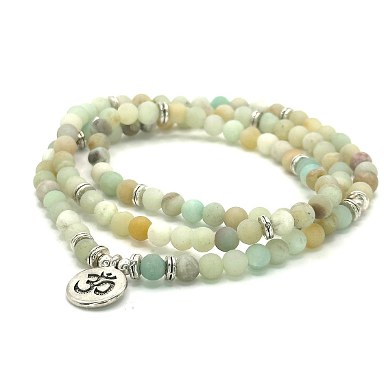 108 Mala Amazonit + Om Symbol Halskette Gebetsschmuck flexibel, Naturstein 6 mm
