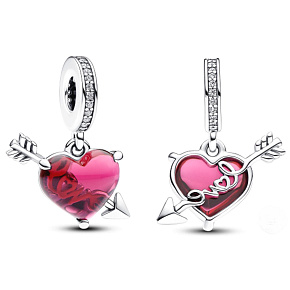 Charm Sterling Silber 925 Rotes Herz und Pfeil Muranoglas, Liebesarmband-Anhänger