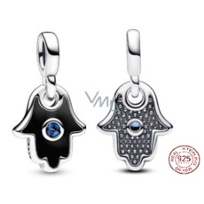 Charms Sterling Silber 925 Hand der Fatima, Hamsa - Mini Medaillon mit blauem Kristall und schwarzem Emaille, Anhänger für Armband Symbol Charms Sterling Silber 925 Hand der Fatima, Hamsa - Mini Medaillon mit blauem Kristall und schwarzem Emaille, Anhänger für Armband Symbol