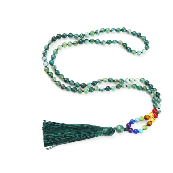 108 Mala 7 Chakra Halskette, Achat grün Meditationsschmuck, Naturstein, elastisch, Quaste 8 cm, Perle 6 mm