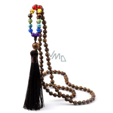 108 Mala 7 Chakra Halskette, Holzperlen Meditationsrosenkranz, Quaste 8,5 cm, Perle 6 mm