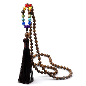108 Mala 7 Chakra Halskette, Holzperlen Meditationsrosenkranz, Quaste 8,5 cm, Perle 6 mm