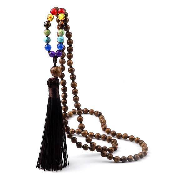 108 Mala 7 Chakra Halskette, Holzperlen Meditationsrosenkranz, Quaste 8,5 cm, Perle 6 mm