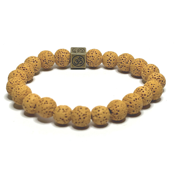 Lava gelb mit königlichem Mantra Om, Armband elastischer Naturstein, Kugel 8 mm / 16-17 cm, geboren aus den vier Elementen