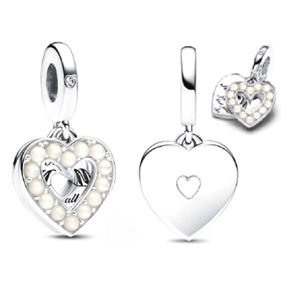Charms Sterling Silber 925 Perle weiß Herz 2in1, Anhänger für Armband Familie