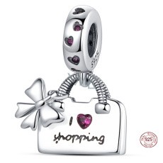 Charm Sterling Silber 925 Chic style - Handtasche mit Schleife - I love shopping, Armband Charm, Interessen Charm Sterling Silber 925 Chic style - Handtasche mit Schleife - I love shopping, Armband Charm, Interessen
