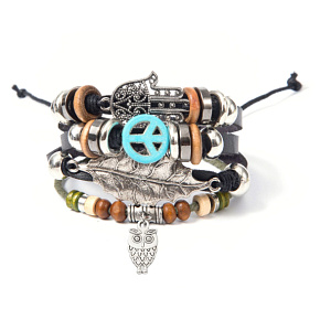 Mehrlagiges Lederarmband, Hippie-Symbol + Eule + Fatimas Hand, größenverstellbar