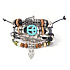 Mehrlagiges Lederarmband, Hippie-Symbol + Eule + Fatimas Hand, größenverstellbar