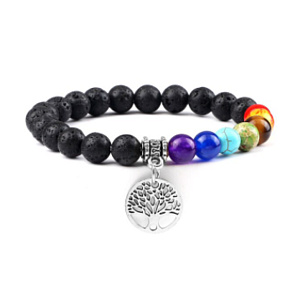 Chakra-Armband Tree of Life + Lava schwarz, elastischer Naturstein, Perle 8 mm / 16-17 cm, geboren aus den vier Elementen