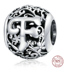 Sterling Silber 925 Magic Alphabet Buchstabe F mit Blumen, Perle für Armband