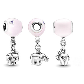 Charme Sterling Silber 925 Elefant mit rosa Ballon, Anhänger am Armband Familie