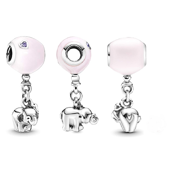 Charme Sterling Silber 925 Elefant mit rosa Ballon, Anhänger am Armband Familie