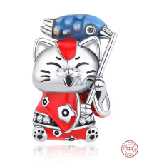 Charm Sterlingové stříbro 925 Japonská kočka Maneki Neko s rybou Koi pro štěstí, přívěsek na náramek cestování Charm Sterlingové stříbro 925 Japonská kočka Maneki Neko s rybou Koi pro štěstí, přívěsek na náramek cestování