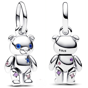 Sterling Silber 925 Beweglicher Teddybär mit blauen Augen, Tierarmband-Anhänger