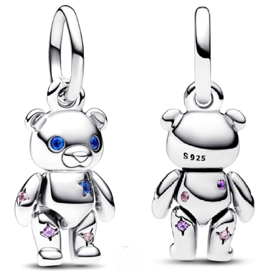 Sterling Silber 925 Beweglicher Teddybär mit blauen Augen, Tierarmband-Anhänger