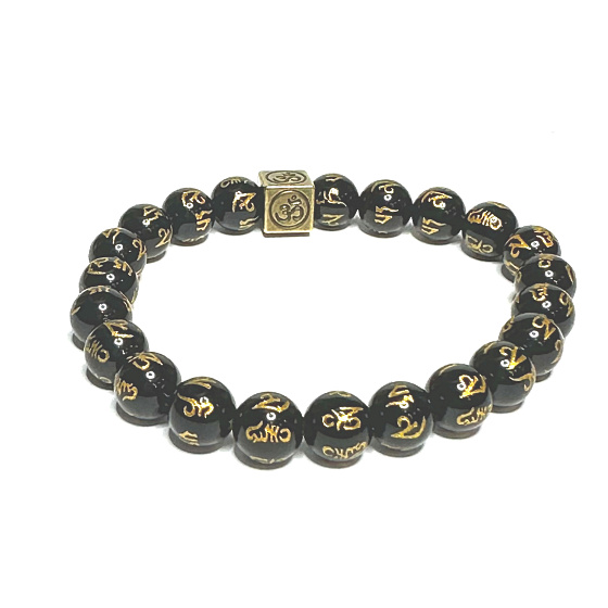 Schwarzer Achat mit königlichem Mantra Om elastisches Armband aus Naturstein, Kugel 8 mm / 16 - 17 cm, verleiht Mut und Stärke