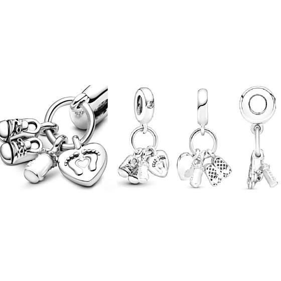 Charm Sterling Silber 925 Mein Baby, Familie Charm mit Schuhe, Flasche und Herz 3in1, Anhänger für Armband Familie