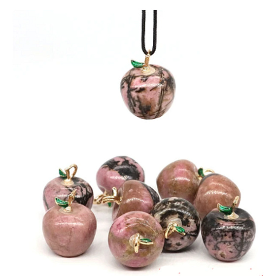 Rhodonit Apfel der Erkenntnis Anhänger, Naturstein 2,7 x 15 mm, handgeschnitzt, großer Heiler der Herzen