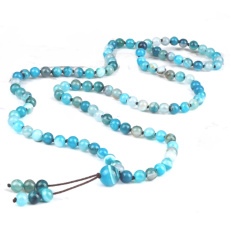 108 Mala Achat blau Halskette, Meditationsschmuck, Naturstein, elastisch, Perle 6 mm