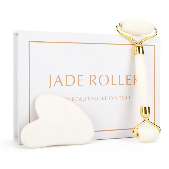 Quarz Gua Sha 5 x 8 cm + Massagerolle 14 x 5,5 cm reduziert Falten, Schwellungen, verbessert die Hautelastizität, fixiert