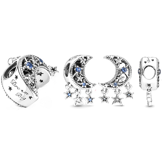 Charme Sterling Silber 925 Halbmond und Sterne, Perle auf Armband Universum