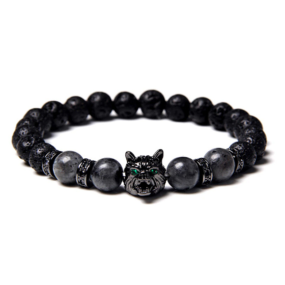 Lava schwarz + Wolfskopf-Armband elastischer Naturstein, Kugel 8 mm / 19 cm, geboren aus den vier Elementen